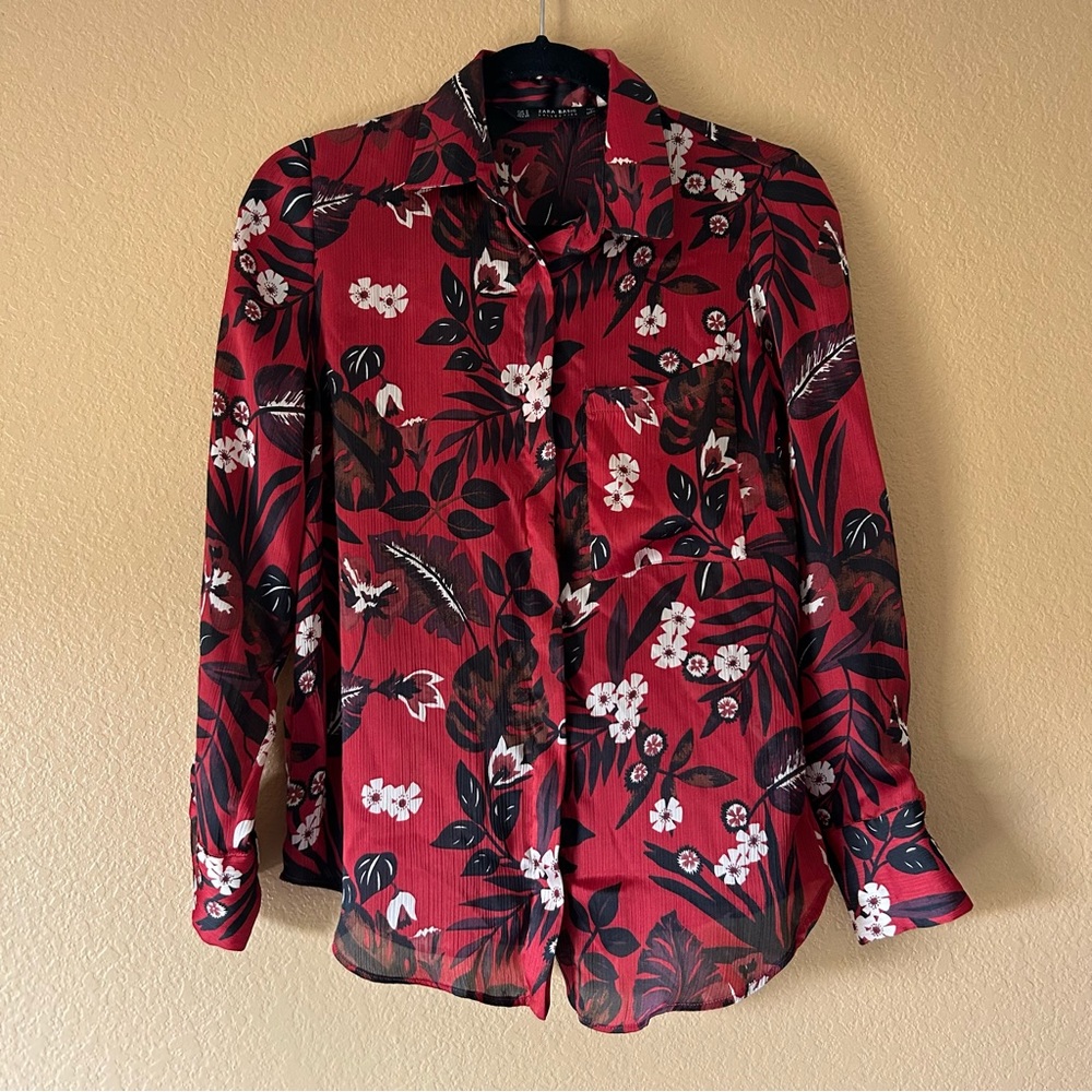 Zara Basic Collection Red Floral Button Down - Si… - image 1